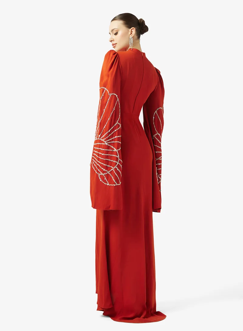 Akadia Fashion BEADED WIDE SLEEVES CREPE DRESS